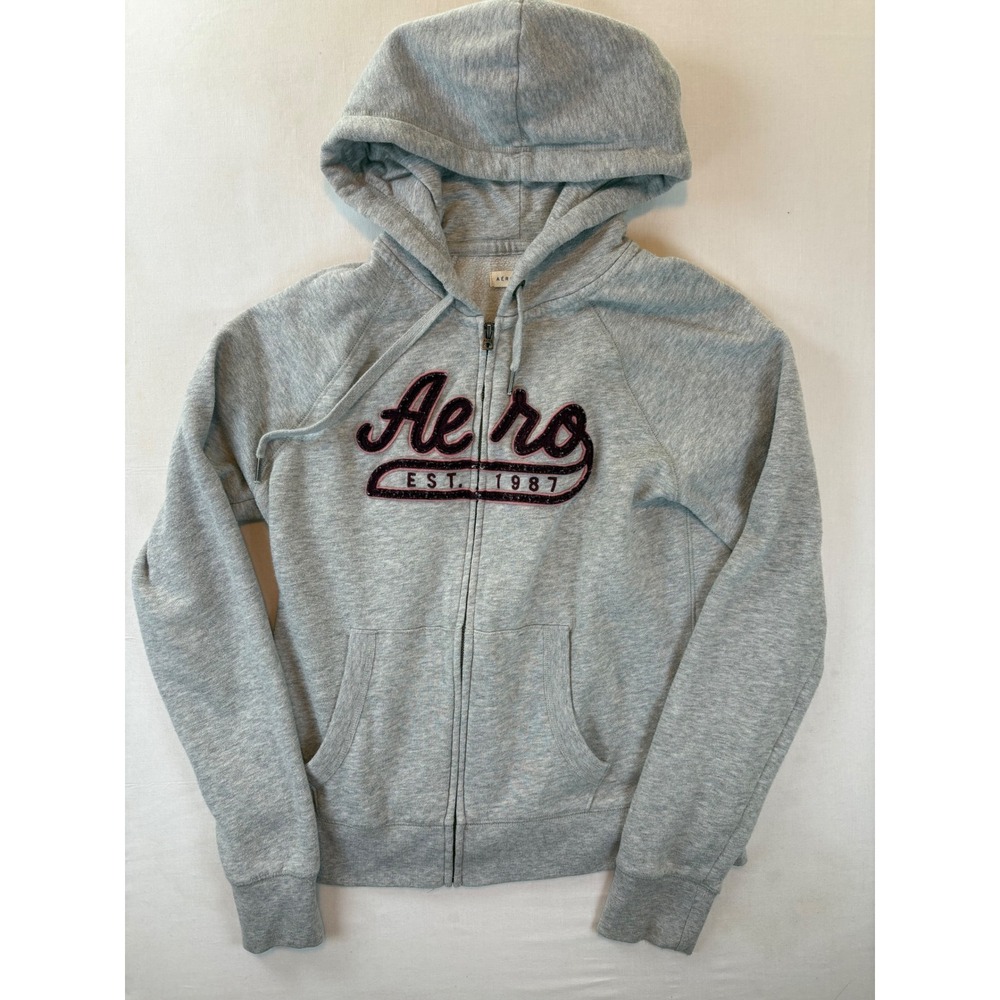 Aeropostale Womens Gray Full Zip Hoodie Aero 1987 Graphic Sweatshirt Size Medium